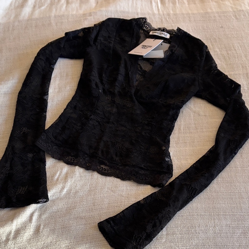 Princess Polly Black Sheer Lace Long Sleeve Top, NWT